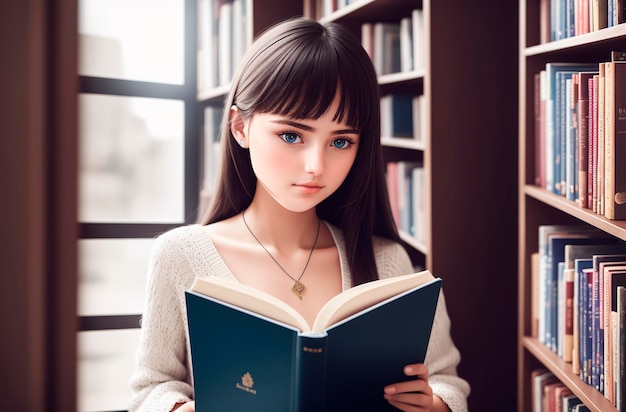 A beautiful student girl is reading a book in the library against the background of bookshelves Generative AI