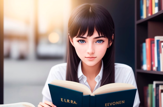 A beautiful student girl is reading a book in the library against the background of bookshelves Generative AI