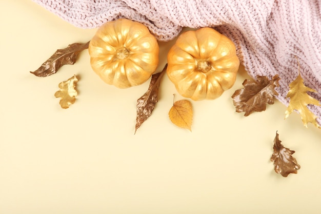 Beautiful stylish autumn background with golden leaves and pumpkins top view