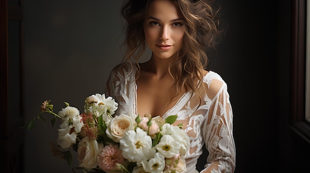 A beautiful stylish confident woman bride stands with a bouquet of flowers in an expensive white lace dress Wedding theme