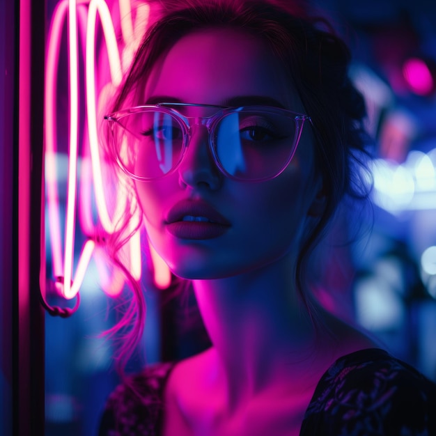 Beautiful stylish girl tourist in glasses near colorful neon sign night megalopolis