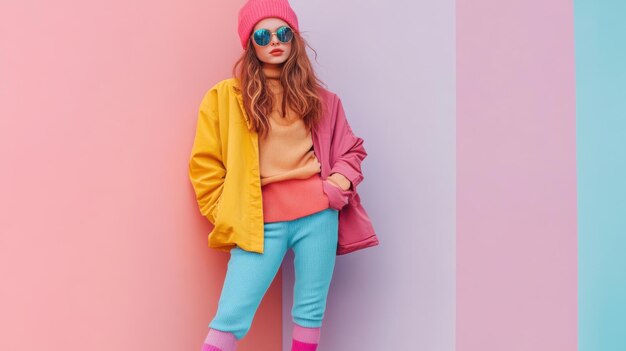 Photo beautiful and stylish girl in trendy outfit long socks isolated on a softcolored background