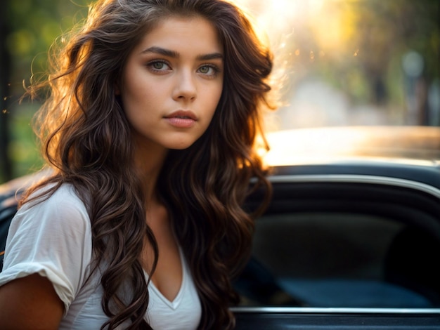 Beautiful stylish girl with long wavy hair in the city near a modern car