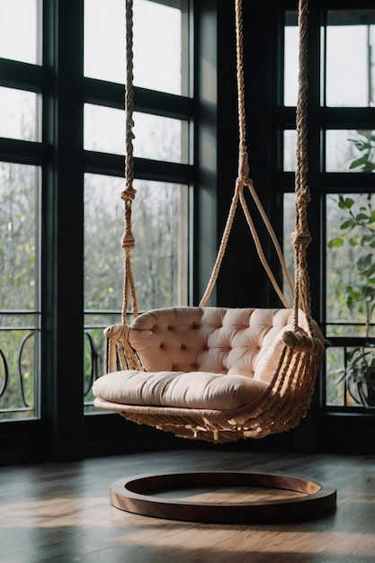 A beautiful stylish swing hanging on modern room indoors background