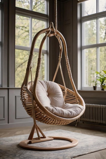 A beautiful stylish swing hanging on modern room indoors background