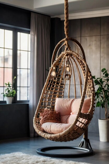 A beautiful stylish swing hanging on modern room indoors background