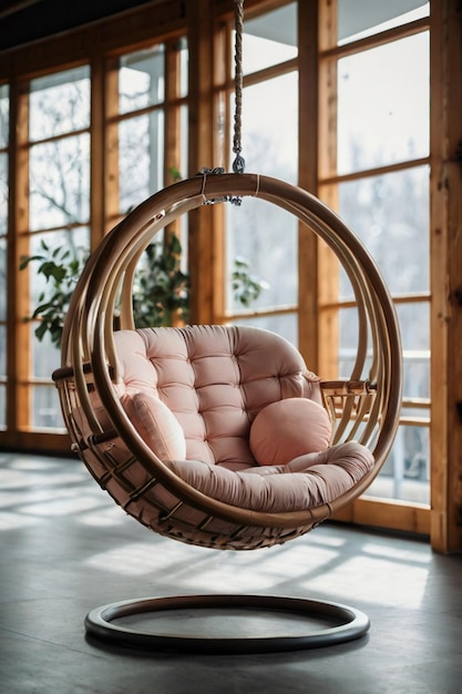 A beautiful stylish swing hanging on modern room indoors background