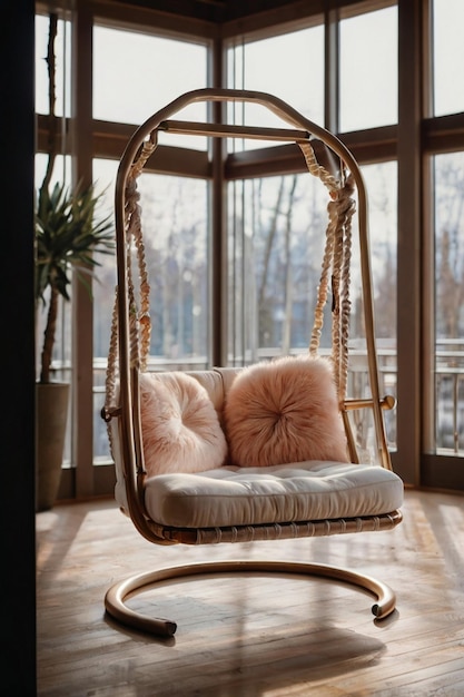 A beautiful stylish swing hanging on modern room indoors background