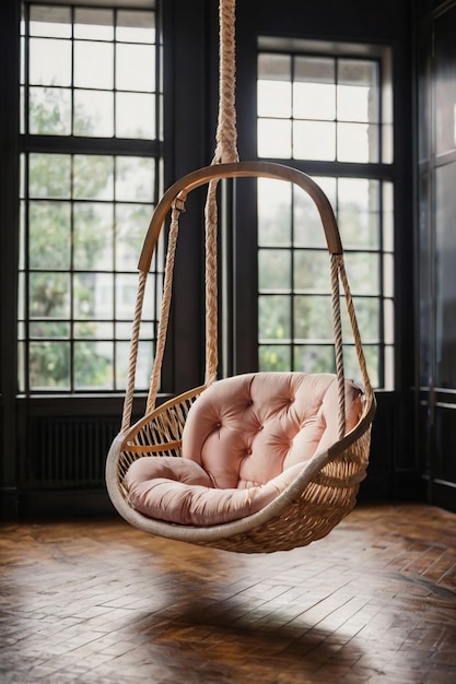 A beautiful stylish swing hanging on modern room indoors background