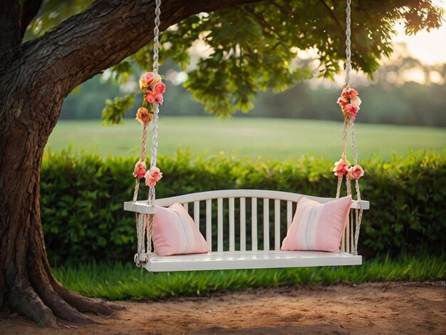 Photo a beautiful stylish swing hanging on the tree with nature background