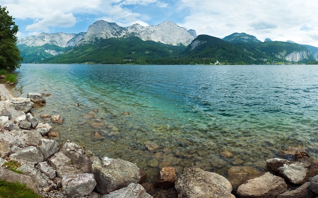 Beautiful summer Alpine  lake Grundlsee panorama (Austria).  Three shots composite picture.