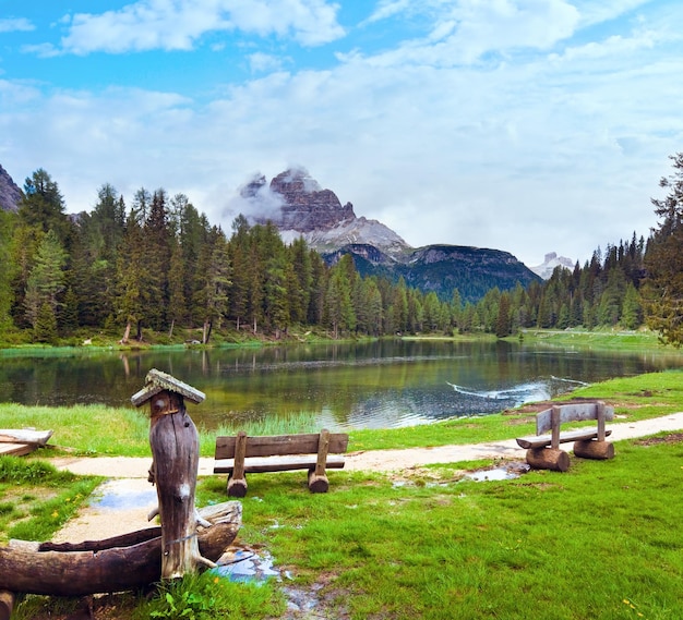 Beautiful summer Alpine lake lago di Antorno view Italia Dolomites