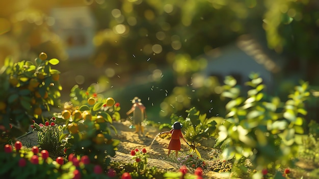 A beautiful summer day in the countryside A woman is watering the plants in her