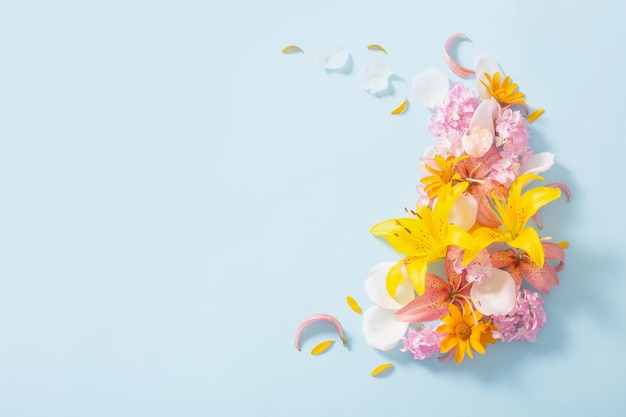 Beautiful summer flowers on blue paper background