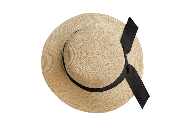 Beautiful summer hat with black ribbon isolated on white