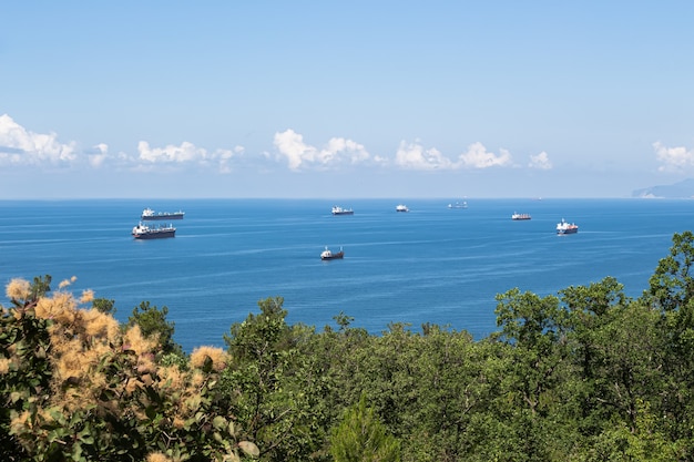 Beautiful summer landscape Blue sea clouds over the horizon and several cargo ships In the foreground