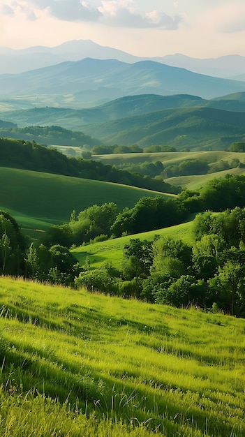 Photo beautiful summer landscape grassy meadow on the hillside under blue sky with clouds