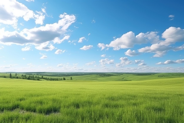 Beautiful summer landscape of green field and blue sky with white clouds