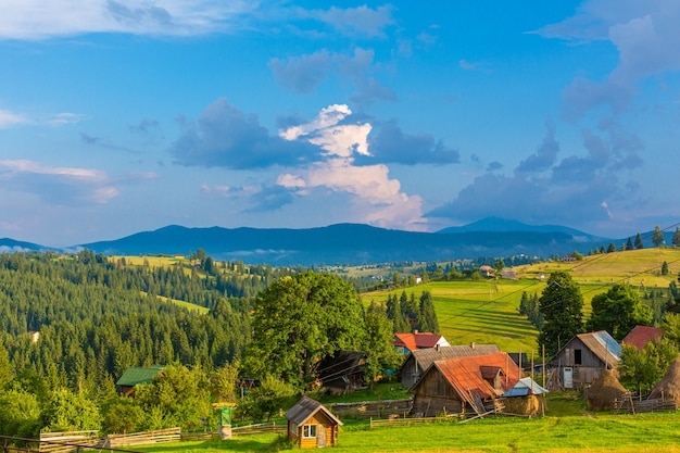 Beautiful summer landscape of village among Karpaty mountains.