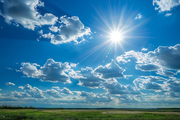 Beautiful summer landscape with green meadow and blue sky with clouds