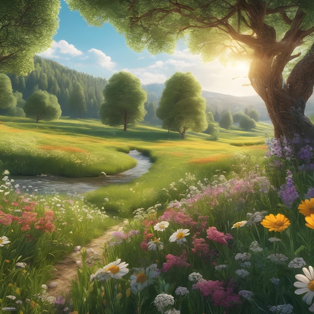 Beautiful summer landscape with meadow river and flowers Digital painting Generative AI