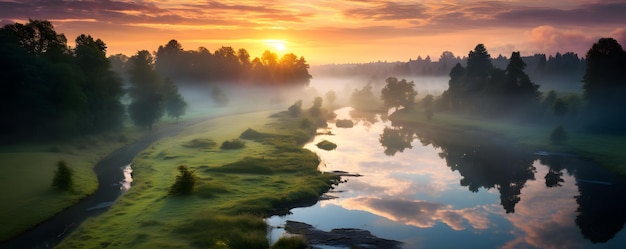 Beautiful summer sunrise over the river covered with morning fog