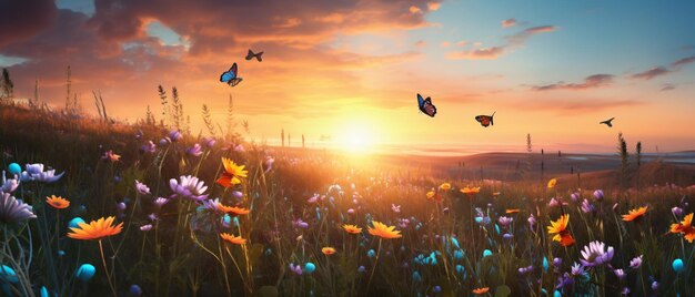 Beautiful summer sunset background with blooming