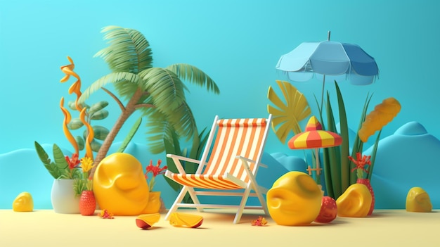 Beautiful summer tropical beach 3d concept cute colorful background