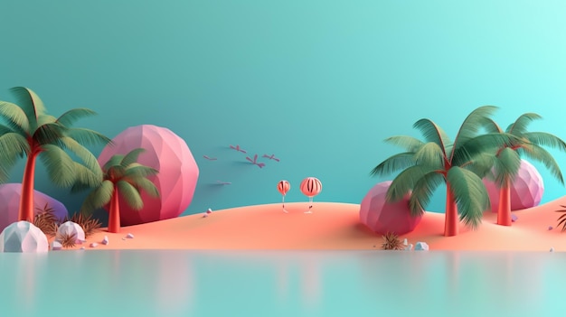 Beautiful summer tropical beach 3d concept cute colorful background