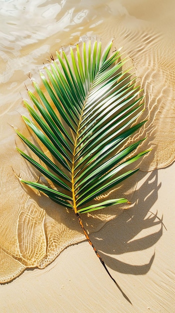 Beautiful summer with a swaying palm branch on a sandy beach