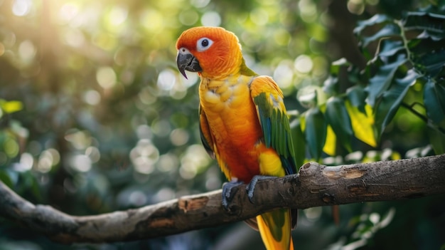 Beautiful Sun Conure Parrot Perched on a Tree Branch with Bold Colors in the Background Animal