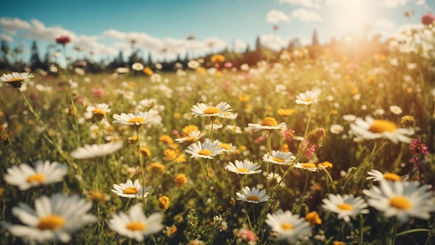 A beautiful sundrenched springsummer meadow Natural colorful panoramic landscape