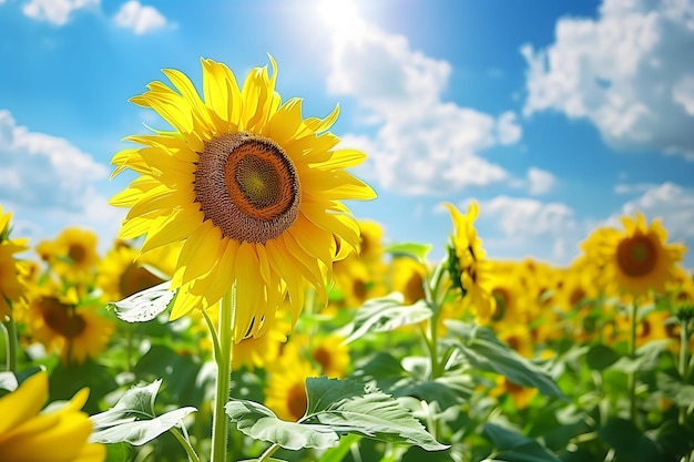 Beautiful sunflower field in full bloom under a clear blue sky stretching to the horizon