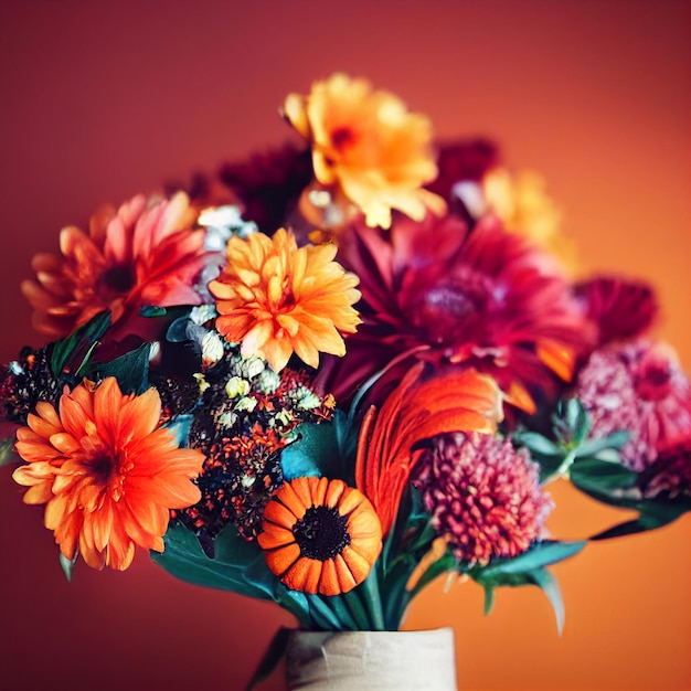 Beautiful sunflower with mixed spring flower isolated in red background