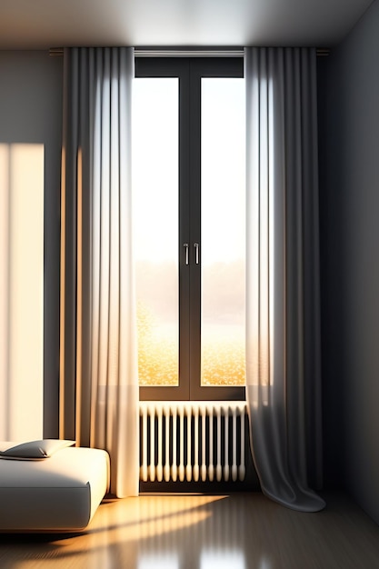 Beautiful sunlight blowing white sheer curtain from open window on blank beige brown wall floor w