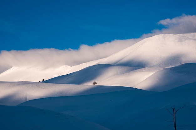 Beautiful sunlight and shades contrast on snow hills in winter