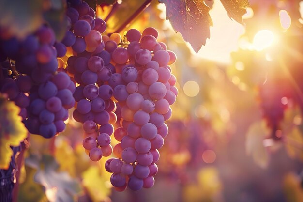 Beautiful sunlit grapes hanging on a vine in a vineyard Perfect for nature food and beverage concepts Vibrant colors and sunlight create a serene and inviting scene Generative AI