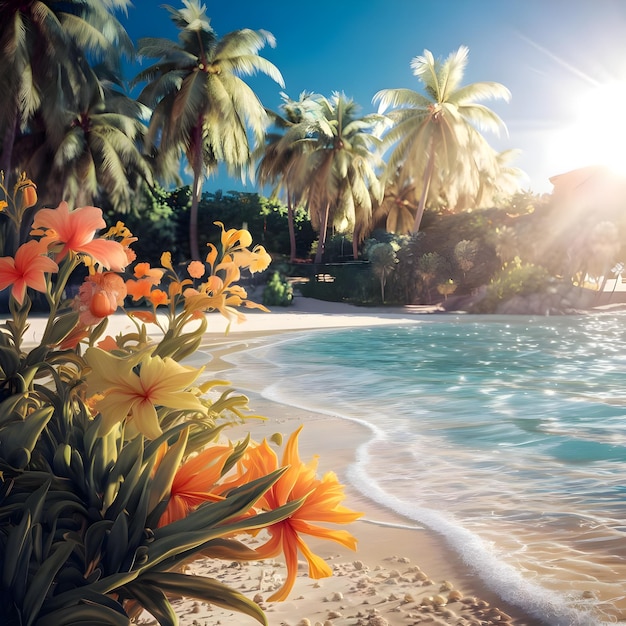 a beautiful sunny day on a paradisiacal beach with flowers