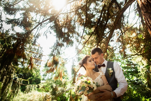 Beautiful sunny day. Wedding couple posing on the background of nature