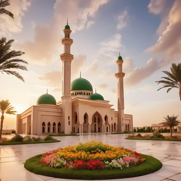 Beautiful sunny landscape mosque photos for Islamic Greetings and Ramadan Kareem