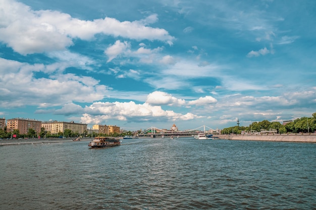 Beautiful sunny landscape with navigation on the Moscow river. Moscow, Russia.