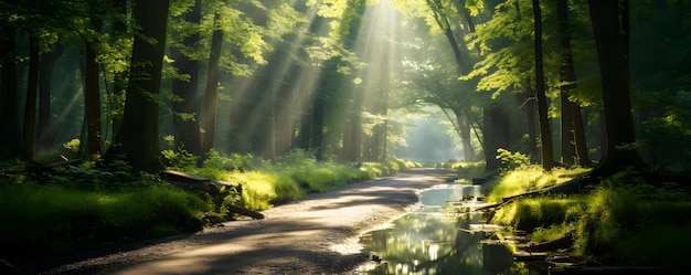 Beautiful sunny morning in green forest