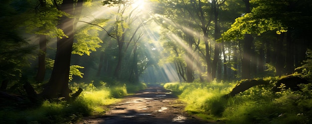 Beautiful sunny morning in green forest