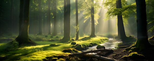 Beautiful sunny morning in the green forest