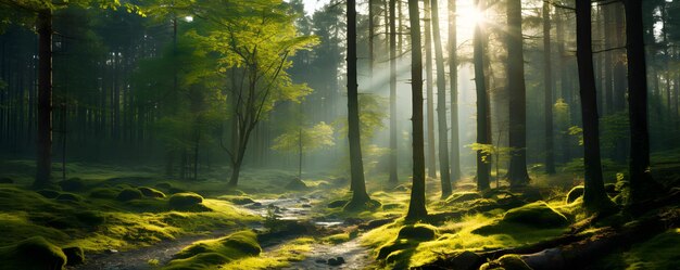 Beautiful sunny morning in green forest