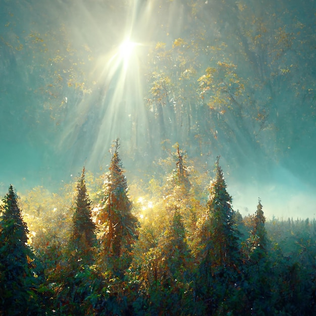 Beautiful sunny morning in magic forest Forest in the morning in a fog in the sun trees in a haze of light glowing fog among the trees