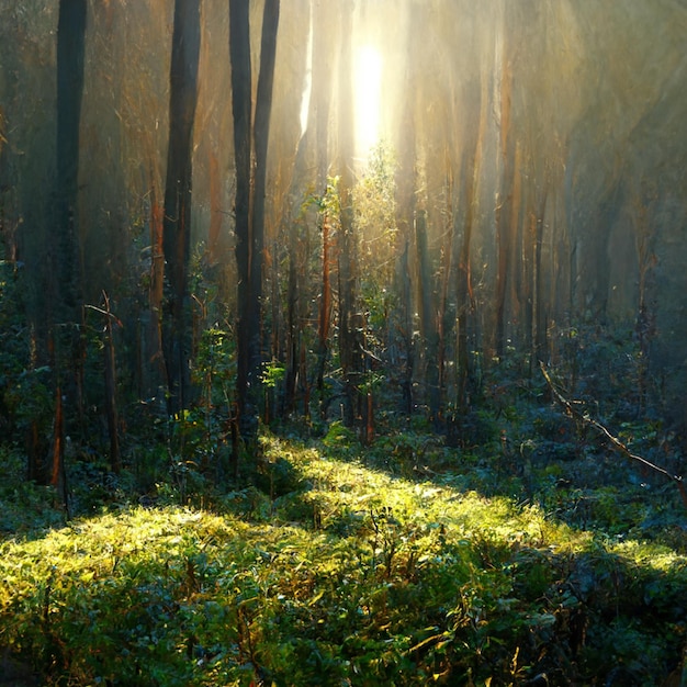 Beautiful sunny morning in magic forest