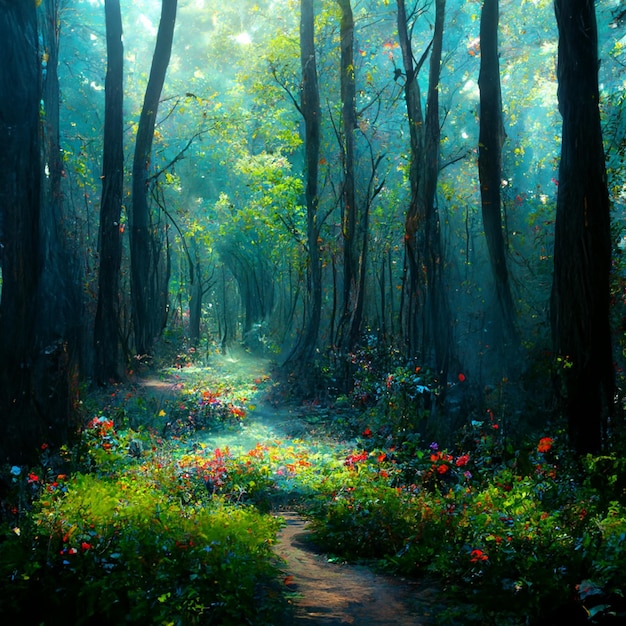 Beautiful sunny summer morning in magic forest