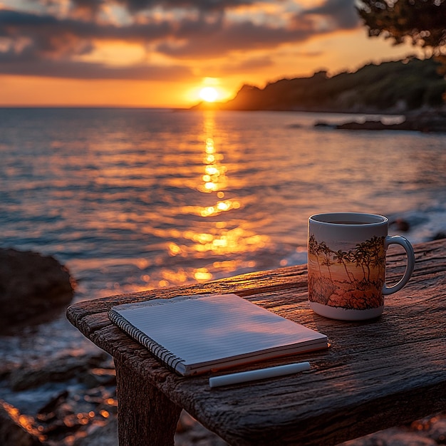 A beautiful sunrise by the beach with a warm inviting glow reflecting on the water In the foregrou