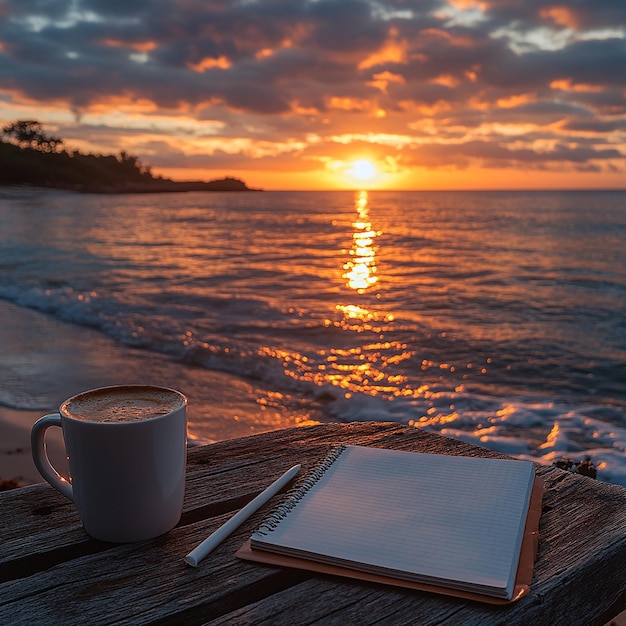 A beautiful sunrise by the beach with a warm inviting glow reflecting on the water In the foregrou